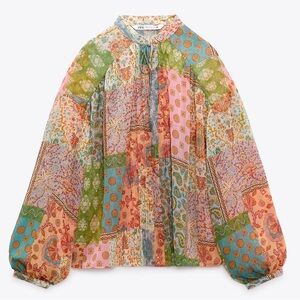 🆕new ZARA multicolor sheer blouse top boho size Medium